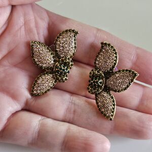 **Sale** STELLA & DOT Flower Pink Green Pave Rhinestone Pierced Earrings